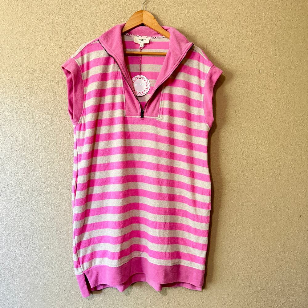 NEW Umgee Pink Terry Cloth Striped Half Zip Dress - Picture 3 of 9